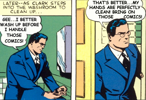 clark kent, washing hands, handling comic books